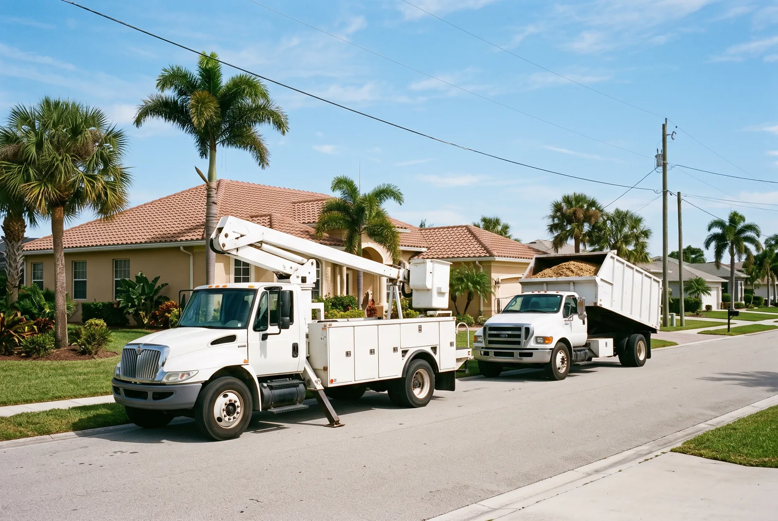 Bucket truck and chip truck parked in front of a Port St. Lucie home with sabal palms