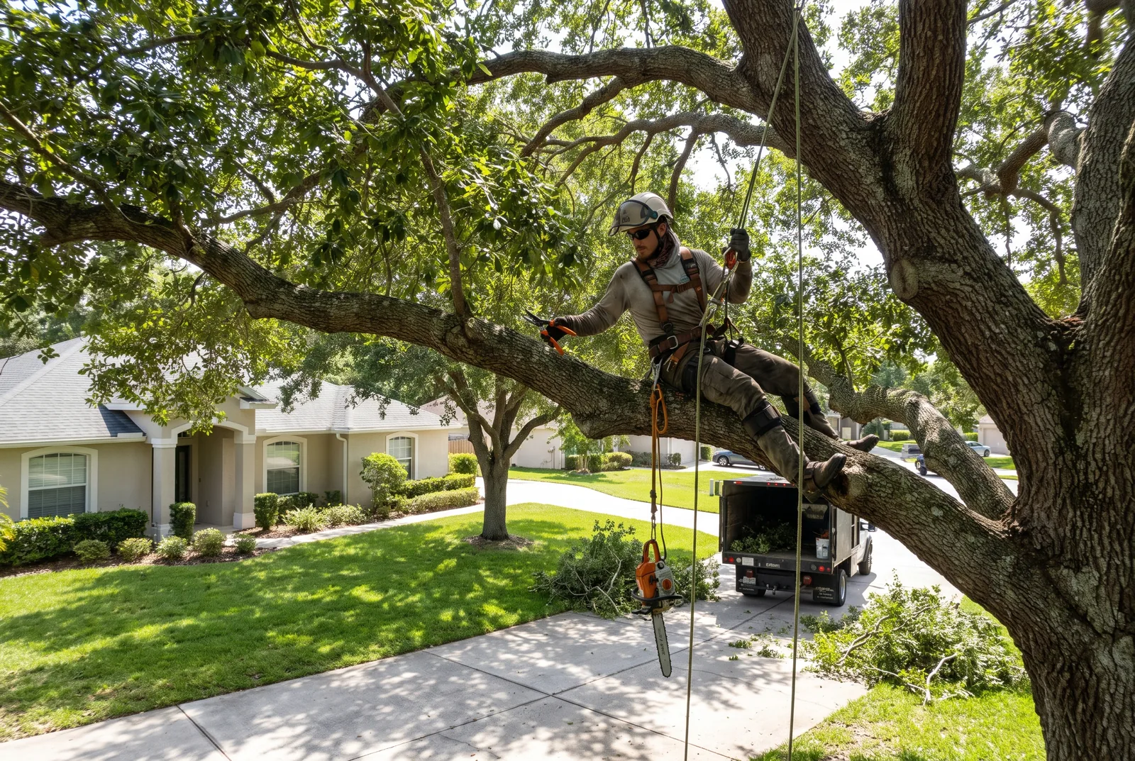 Arborist in a harness thinning a mature live oak canopy over a driveway