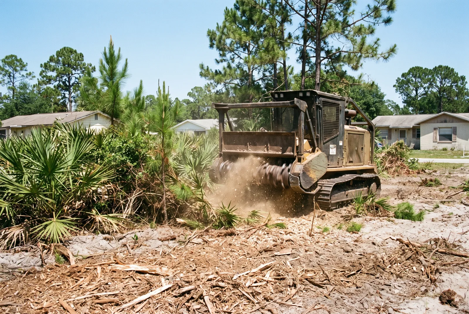 Tracked forestry mulcher clearing palmetto, pine and Brazilian pepper on a residential lot